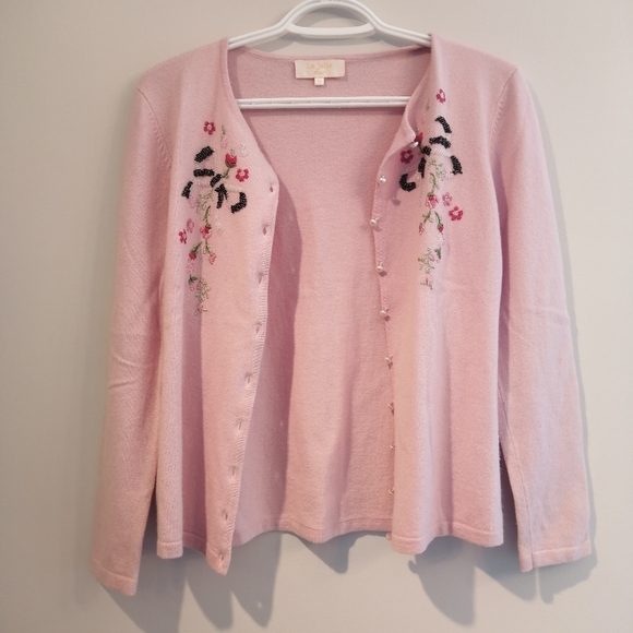 Vintage Italian Merino Wool and Silk Embroidered and Beaded Pink Cardigan Medium - Picture 2 of 15